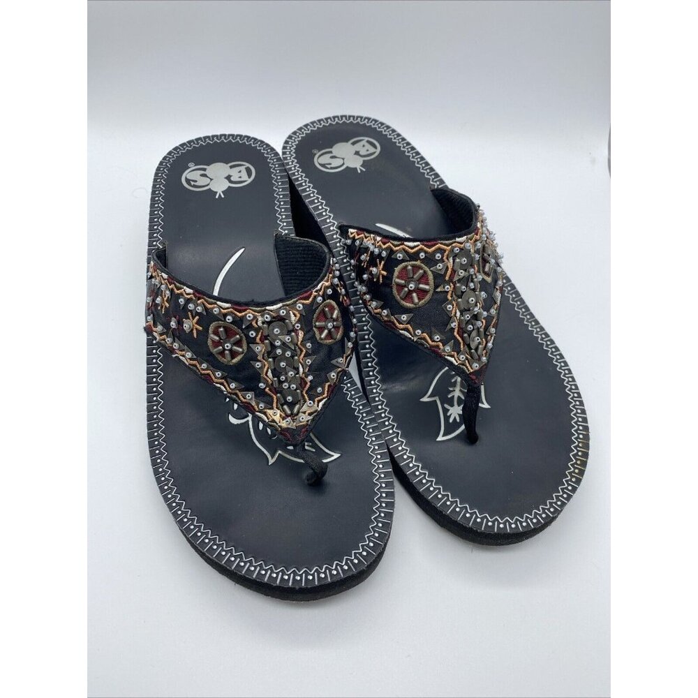 Boos Thong Sandals Women’s Black Beaded Aztec Summer Rubberized Size 9M